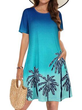 Women's Blue Tree T-shirt Short Sleeve Floral Sundress Beach Cover Mini Dress